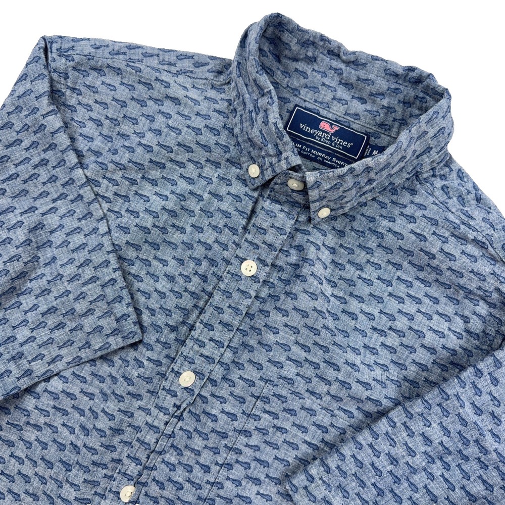 Vineyard Vines Shirt Men Medium Blue Slim Fit Murray Fish Print Short Sleeve